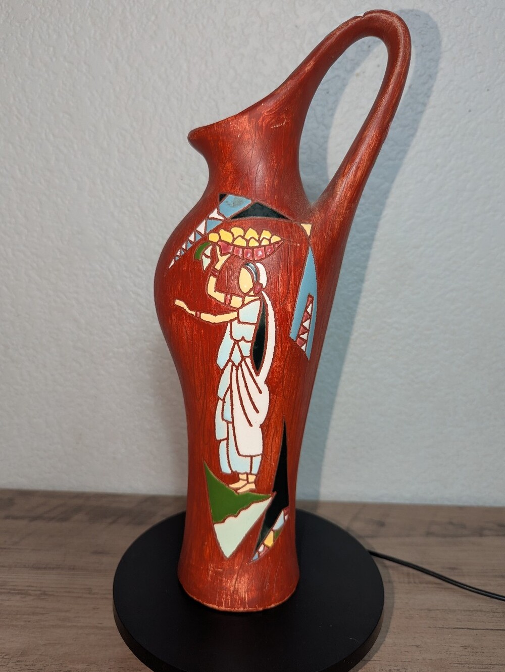 VTG MCM Keramos Israel Pottery Pitcher Vase Signed Israel Taub 13.5"